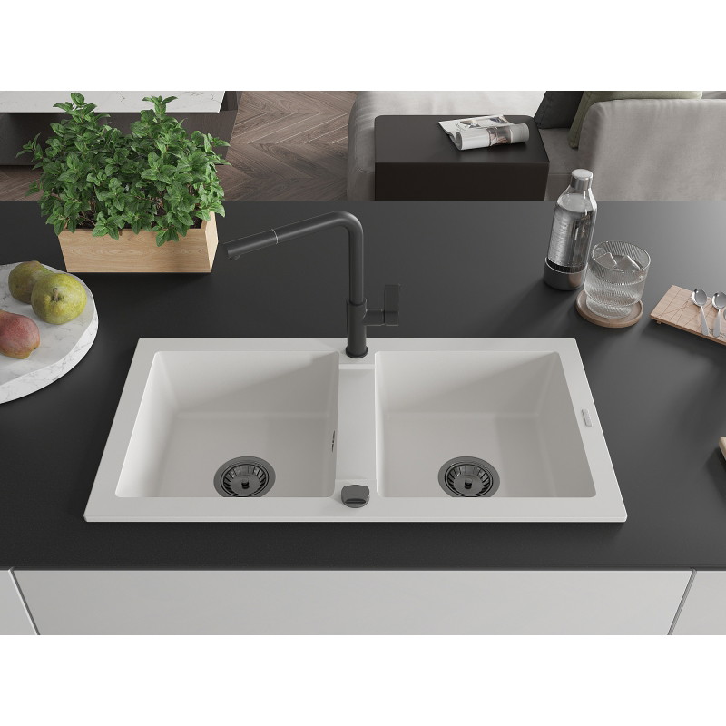 Mexen Mario 2-bowl granite sink with Flora kitchen faucet, white - 6504-20-670401-70-B