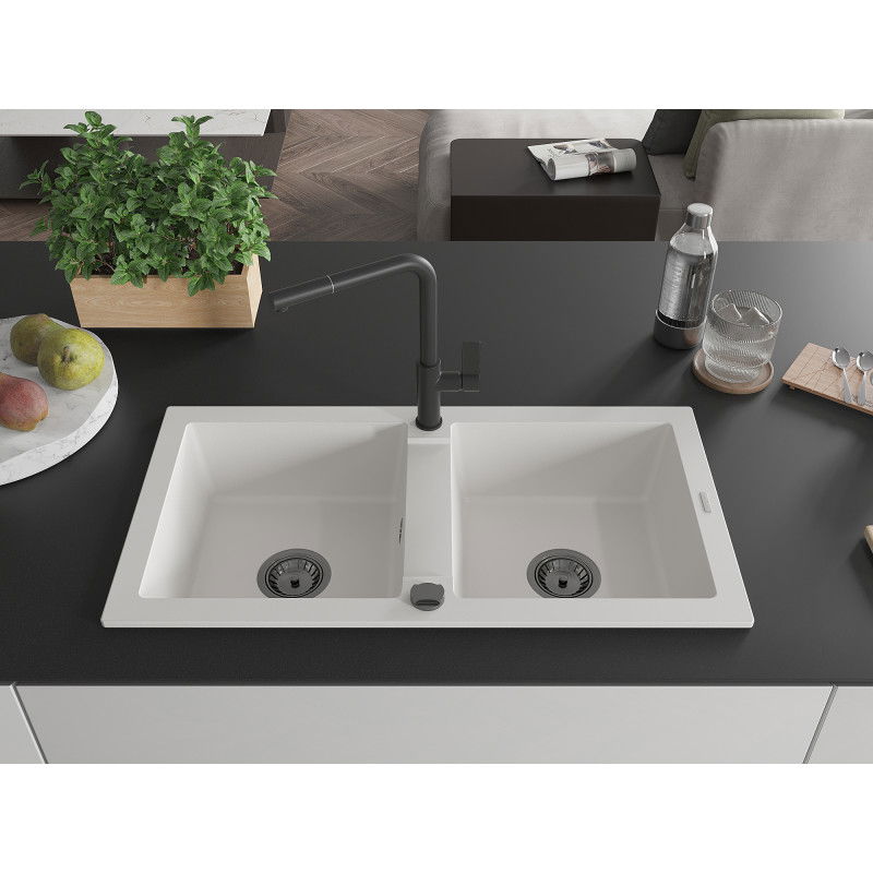 Mexen Mario 2-bowl granite sink with Flora kitchen tap, white - 6504-20-670401-70-B