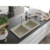 Mexen Mario granite sink 2-chamber with Flora kitchen tap, beige - 6504-69-670401-00