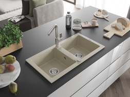 Mexen Mario granite double-bowl sink with Flora kitchen faucet, beige - 6504-69-670401-00