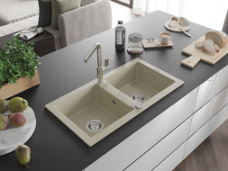 Mexen Mario granite sink 2-chamber with Flora kitchen tap, beige - 6504-69-670401-00