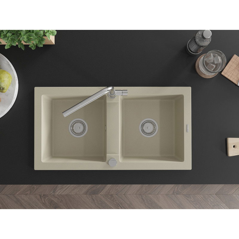 Mexen Mario granite sink 2-chamber with Flora kitchen tap, beige - 6504-69-670401-00