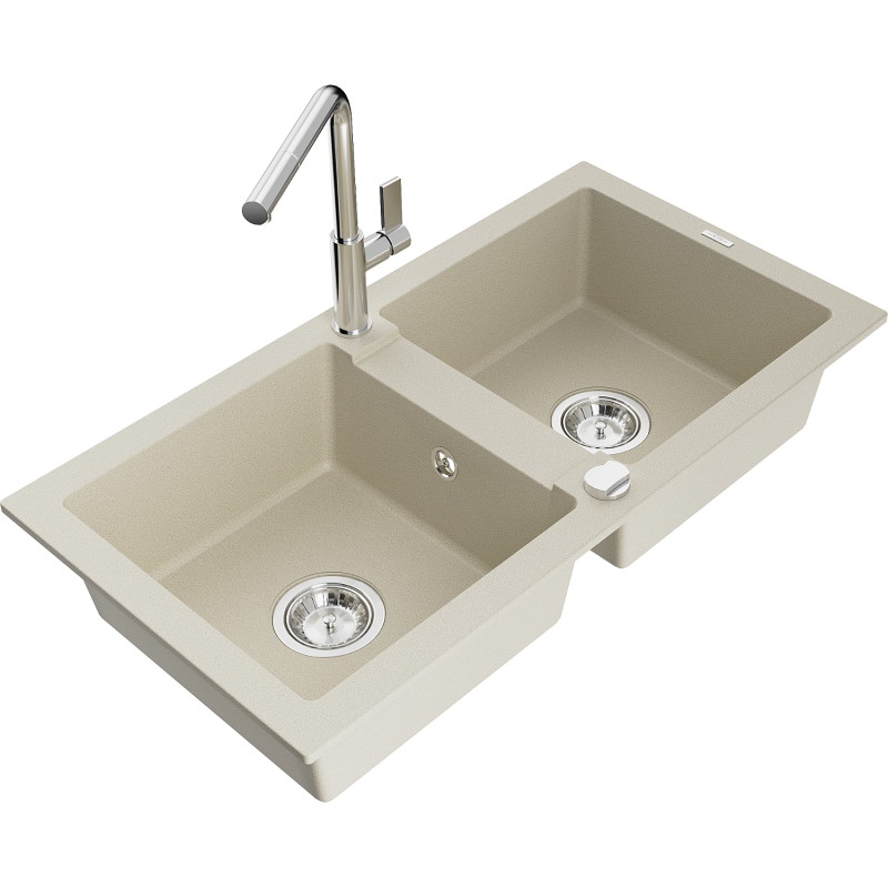 Mexen Mario granite double-bowl kitchen sink with Flora kitchen faucet, beige - 6504-69-670401-00