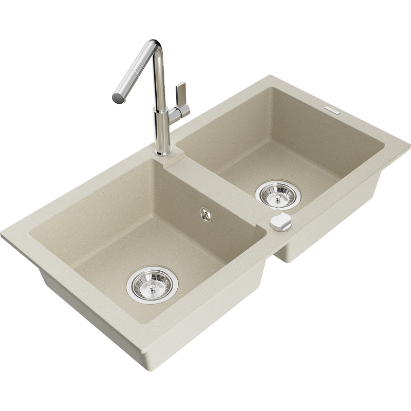 Mexen Mario granite sink 2-chamber with Flora kitchen tap, beige - 6504-69-670401-00