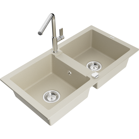 Mexen Mario granite double-bowl kitchen sink with Flora kitchen faucet, beige - 6504-69-670401-00