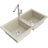 Mexen Mario granite double-bowl kitchen sink with Flora kitchen faucet, beige - 6504-69-670401-00