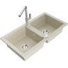 Mexen Mario granite double-bowl sink with Flora kitchen faucet, beige - 6504-69-670401-00