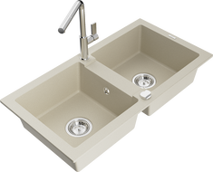Mexen Mario granite sink 2-chamber with Flora kitchen tap, beige - 6504-69-670401-00