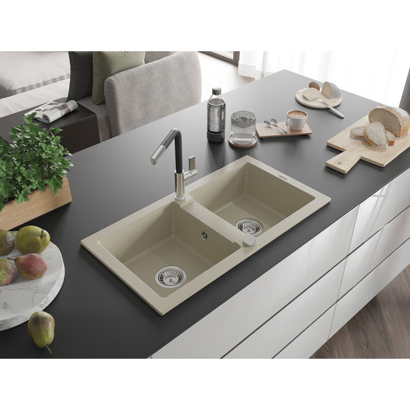 Mexen Mario granite kitchen sink 2-bowl with Flora kitchen tap, beige - 6504-69-670401-07