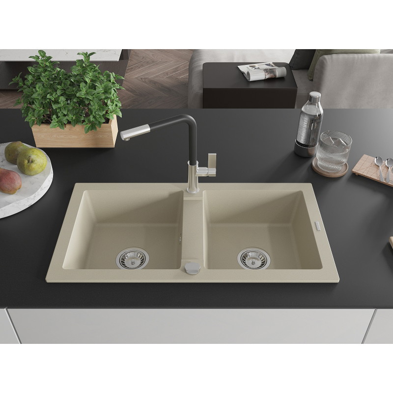 Mexen Mario 2-bowl granite sink with Flora kitchen faucet, beige - 6504-69-670401-07