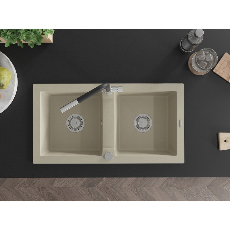 Mexen Mario 2-bowl granite sink with Flora kitchen faucet, beige - 6504-69-670401-07