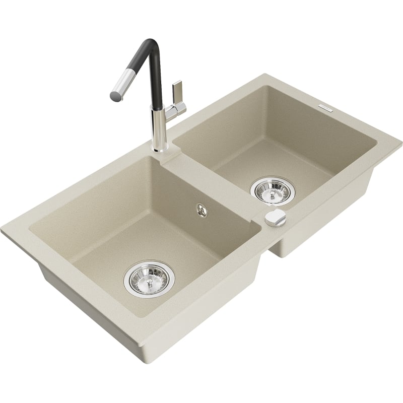 Mexen Mario 2-bowl granite sink with Flora kitchen faucet, beige - 6504-69-670401-07
