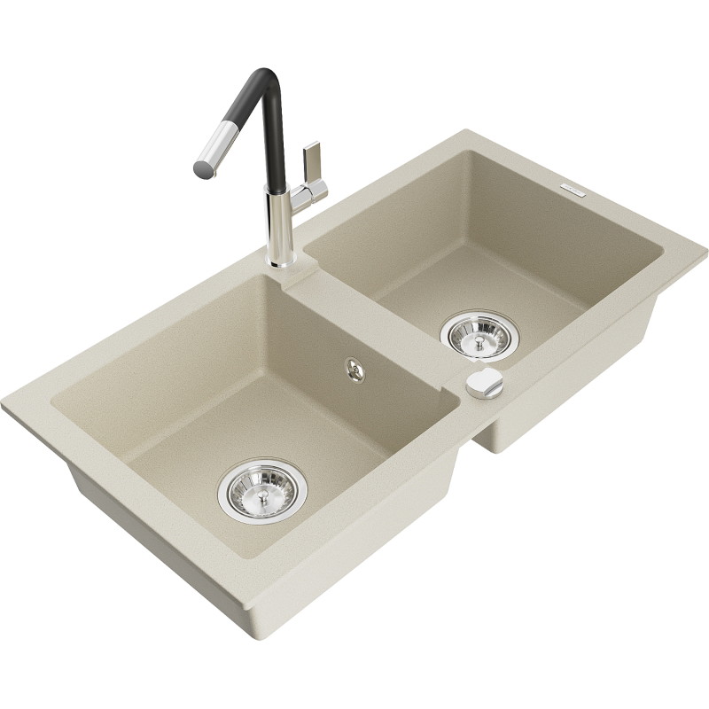 Mexen Mario granite 2-bowl sink with Flora kitchen faucet, beige - 6504-69-670401-07
