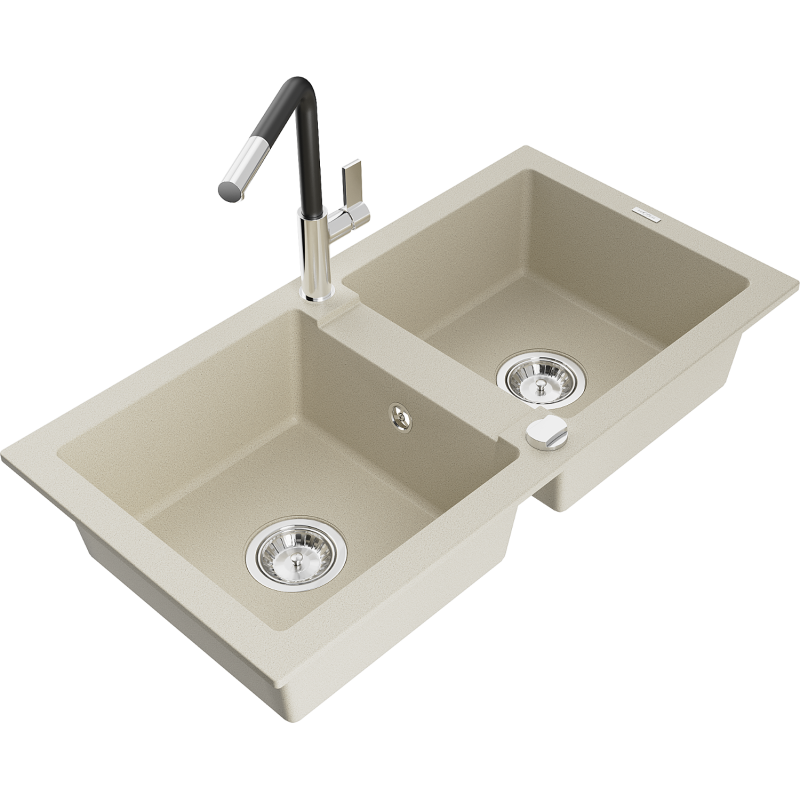 Mexen Mario granite kitchen sink 2-bowl with Flora kitchen tap, beige - 6504-69-670401-07