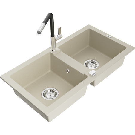 Mexen Mario granite kitchen sink 2-bowl with Flora kitchen tap, beige - 6504-69-670401-07