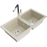 Mexen Mario 2-bowl granite sink with Flora kitchen faucet, beige - 6504-69-670401-07