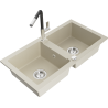 Mexen Mario granite 2-bowl sink with Flora kitchen faucet, beige - 6504-69-670401-07