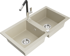 Mexen Mario granite 2-bowl sink with Flora kitchen faucet, beige - 6504-69-670401-07