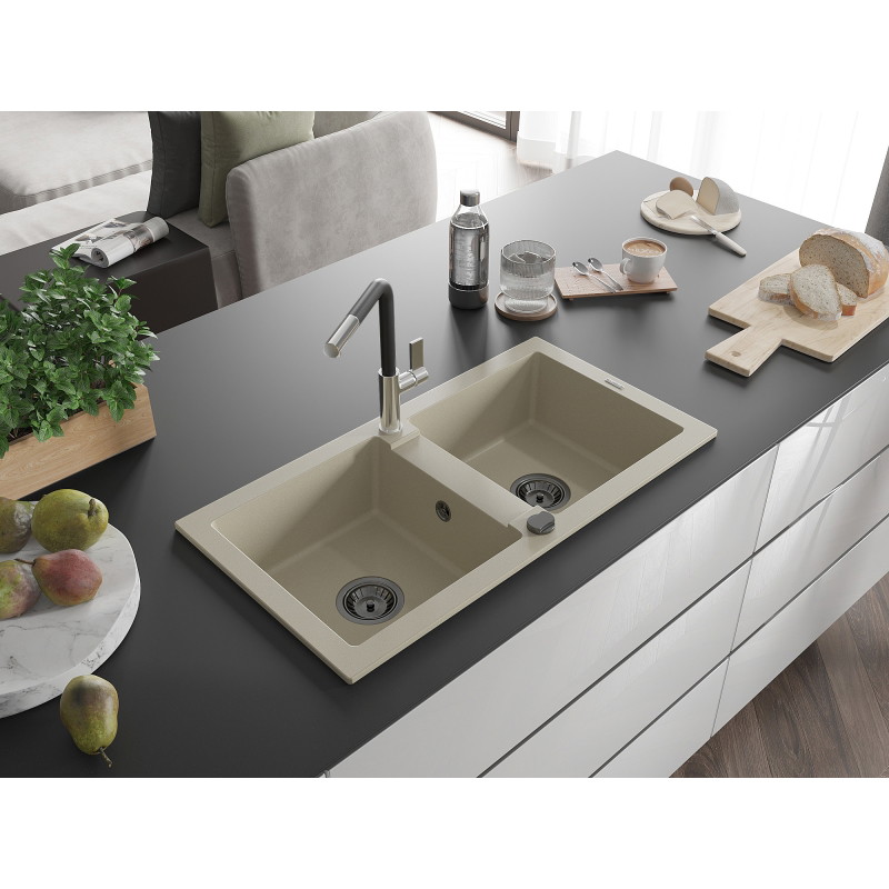 Mexen Mario granite double bowl kitchen sink with Flora faucet, beige - 6504-69-670401-07-B