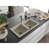 Mexen Mario granite double bowl kitchen sink with Flora faucet, beige - 6504-69-670401-07-B