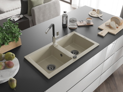 Mexen Mario granite double bowl kitchen sink with Flora faucet, beige - 6504-69-670401-07-B
