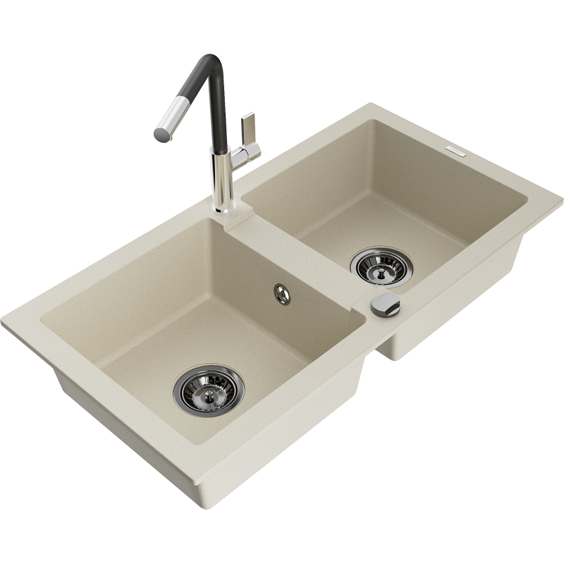 Mexen Mario 2-bowl granite kitchen sink with Flora tap, beige - 6504-69-670401-07-B