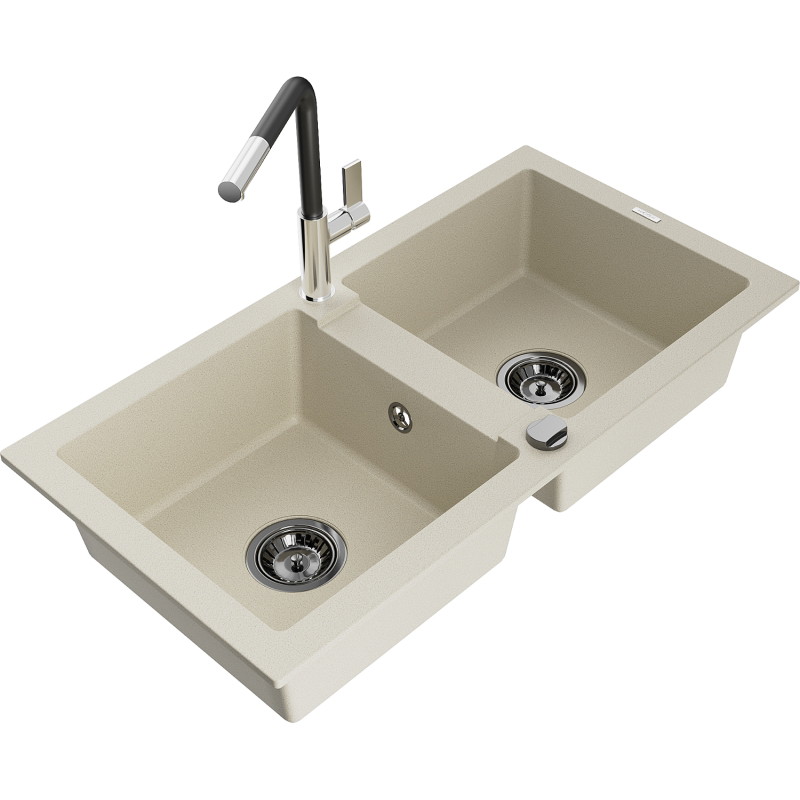 Mexen Mario granite double bowl kitchen sink with Flora faucet, beige - 6504-69-670401-07-B