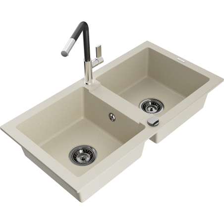 Mexen Mario 2-bowl granite kitchen sink with Flora tap, beige - 6504-69-670401-07-B