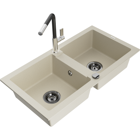 Mexen Mario granite double bowl kitchen sink with Flora faucet, beige - 6504-69-670401-07-B