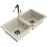 Mexen Mario 2-bowl granite sink with Flora kitchen faucet, beige - 6504-69-670401-07-B