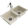 Mexen Mario granite double bowl kitchen sink with Flora faucet, beige - 6504-69-670401-07-B