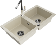 Mexen Mario granite double bowl kitchen sink with Flora faucet, beige - 6504-69-670401-07-B