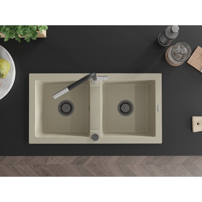 Mexen Mario 2-bowl granite sink with Flora kitchen faucet, beige - 6504-69-670401-07-B