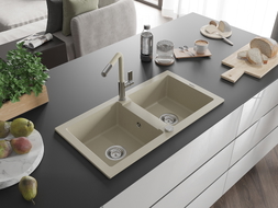 Mexen Mario granite double-bowl sink with Flora kitchen faucet, beige - 6504-69-670401-09