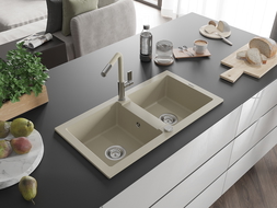 Mexen Mario granite sink 2-chamber with Flora kitchen tap, beige - 6504-69-670401-09