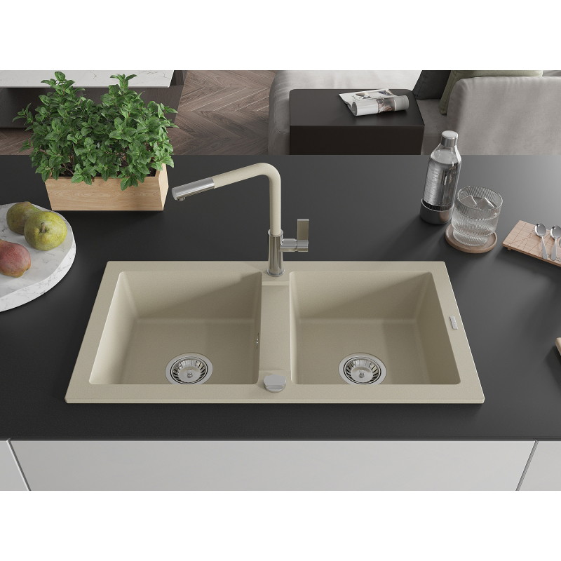 Mexen Mario granite double-bowl kitchen sink with Flora faucet, beige - 6504-69-670401-09