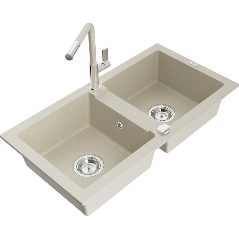 Mexen Mario granite double-bowl kitchen sink with Flora faucet, beige - 6504-69-670401-09
