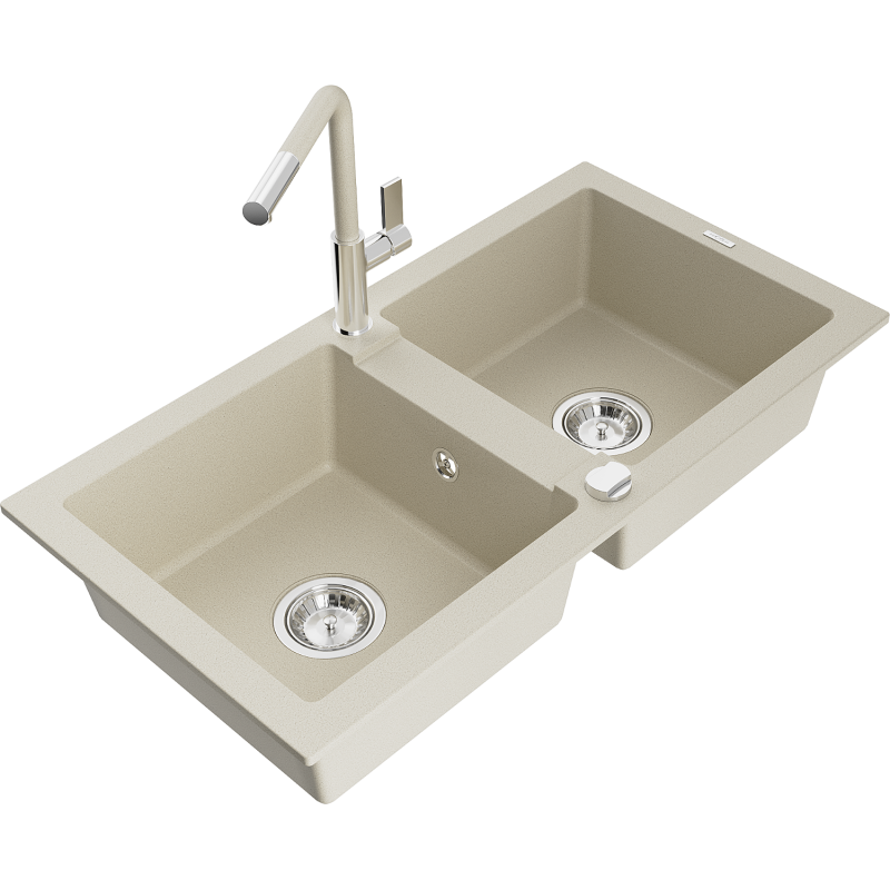 Mexen Mario granite sink 2-chamber with Flora kitchen tap, beige - 6504-69-670401-09