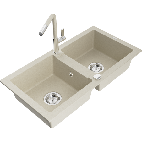 Mexen Mario granite double-bowl kitchen sink with Flora faucet, beige - 6504-69-670401-09