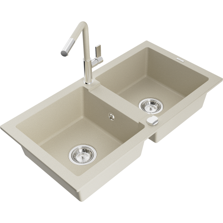 Mexen Mario granite sink 2-chamber with Flora kitchen tap, beige - 6504-69-670401-09
