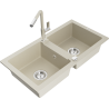 Mexen Mario granite double-bowl sink with Flora kitchen faucet, beige - 6504-69-670401-09