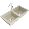 Mexen Mario granite sink 2-chamber with Flora kitchen tap, beige - 6504-69-670401-09