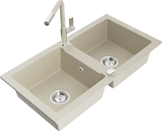 Mexen Mario granite sink 2-chamber with Flora kitchen tap, beige - 6504-69-670401-09