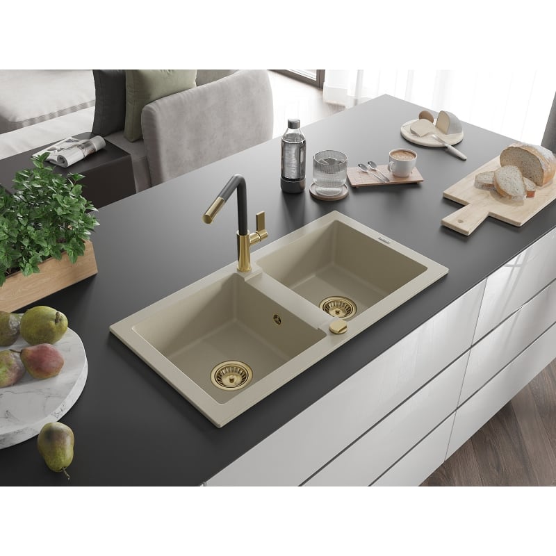 Mexen Mario granite double bowl sink with Flora kitchen faucet, beige - 6504-69-670401-57-G