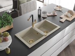 Mexen Mario granite kitchen sink 2-bowl with Flora kitchen tap, beige - 6504-69-670401-57-G