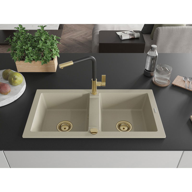 Mexen Mario granite kitchen sink 2-bowl with Flora kitchen tap, beige - 6504-69-670401-57-G