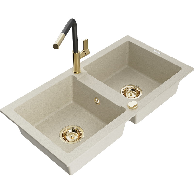 Mexen Mario 2-Chamber Granite Sink with Flora Kitchen Faucet, Beige - 6504-69-670401-57-G