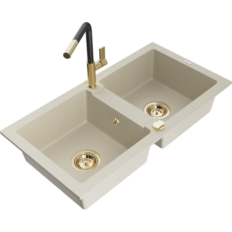 Mexen Mario granite double bowl sink with Flora kitchen faucet, beige - 6504-69-670401-57-G