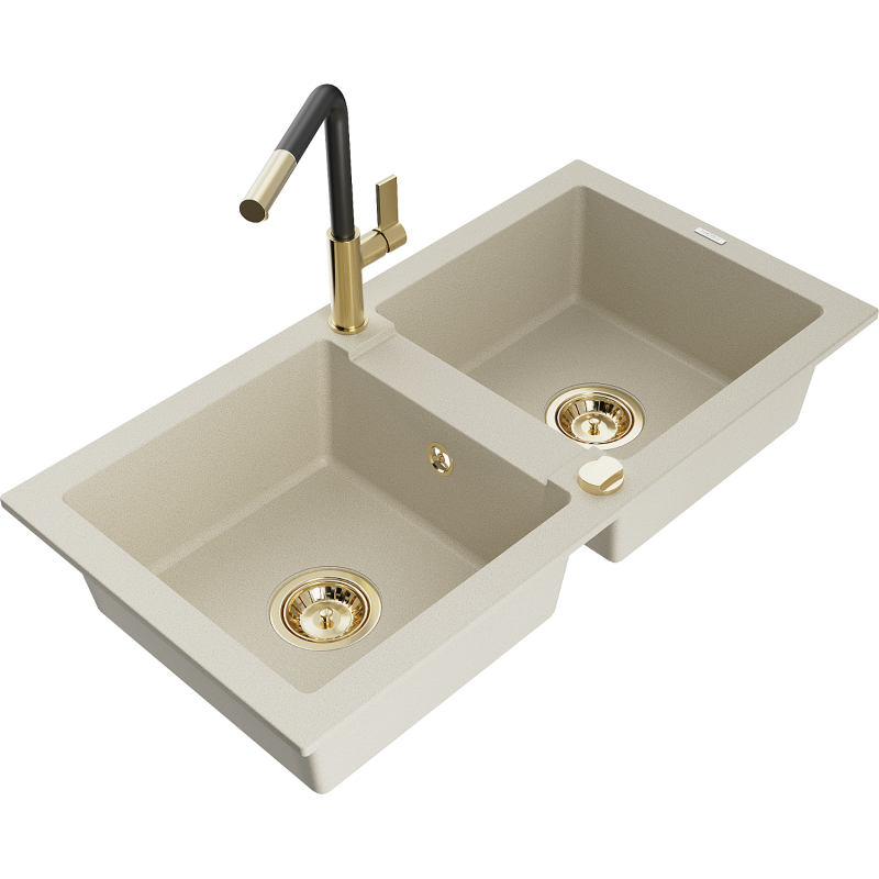 Mexen Mario granite kitchen sink 2-bowl with Flora kitchen tap, beige - 6504-69-670401-57-G
