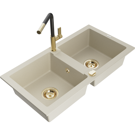 Mexen Mario granite double bowl sink with Flora kitchen faucet, beige - 6504-69-670401-57-G